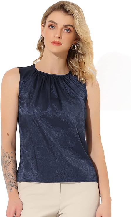 Women's Satin Sleeveless Work Office Pleated Tank Top Blouse