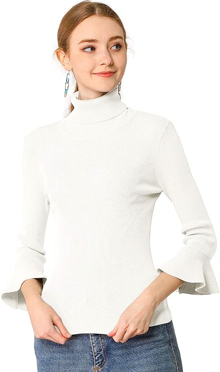 Women's Ruffle Sleeves Pullover Turtleneck Stretchy Knit Sweater Slim Fit Shirt