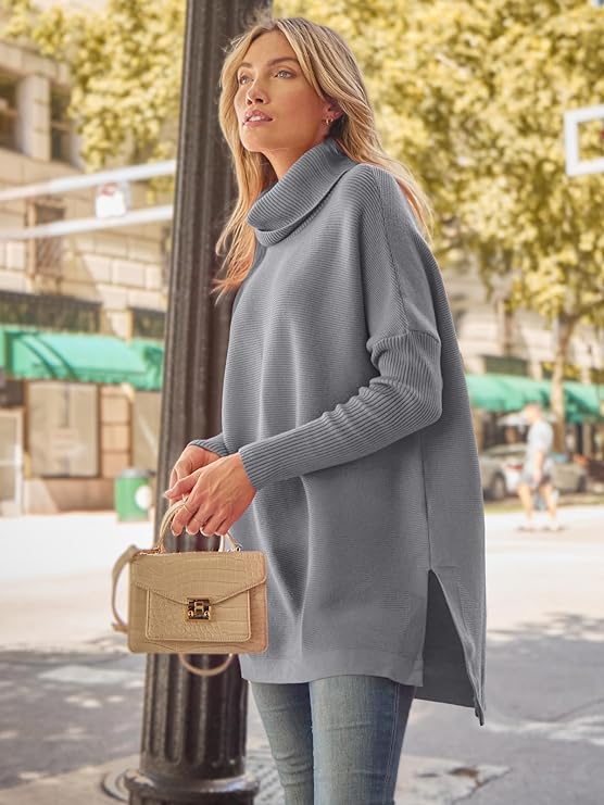 Women's Turtleneck Oversized Sweaters 2022 Fall Long Batwing Sleeve Spilt Hem Tunic Pullover Sweater Knit Tops