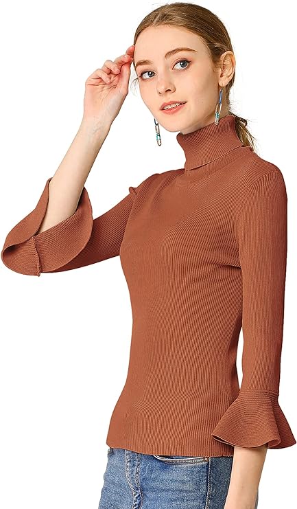 Women's Ruffle Sleeves Pullover Turtleneck Stretchy Knit Sweater Slim Fit Shirt