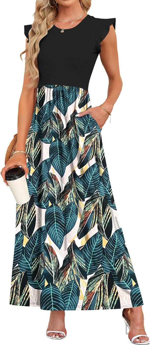 Women Short Sleeve Loose Plain Maxi Dresses Casual Long Dresses Pockets