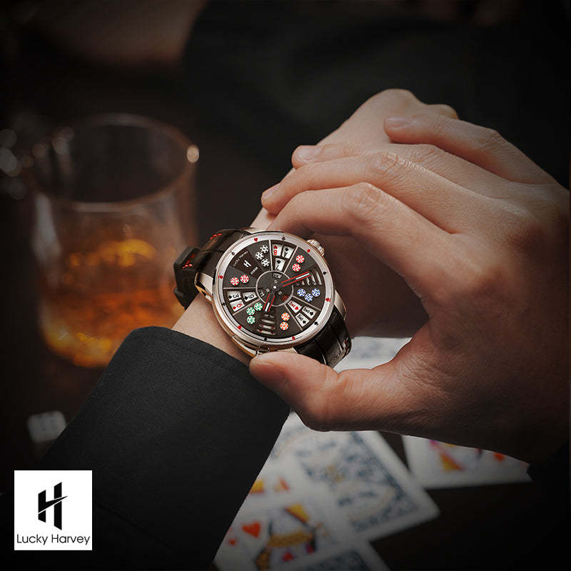 Lucky Harvey Automaton Player Series Silver Three Card Poker (SAN GONG) Roulette Automatic Watch