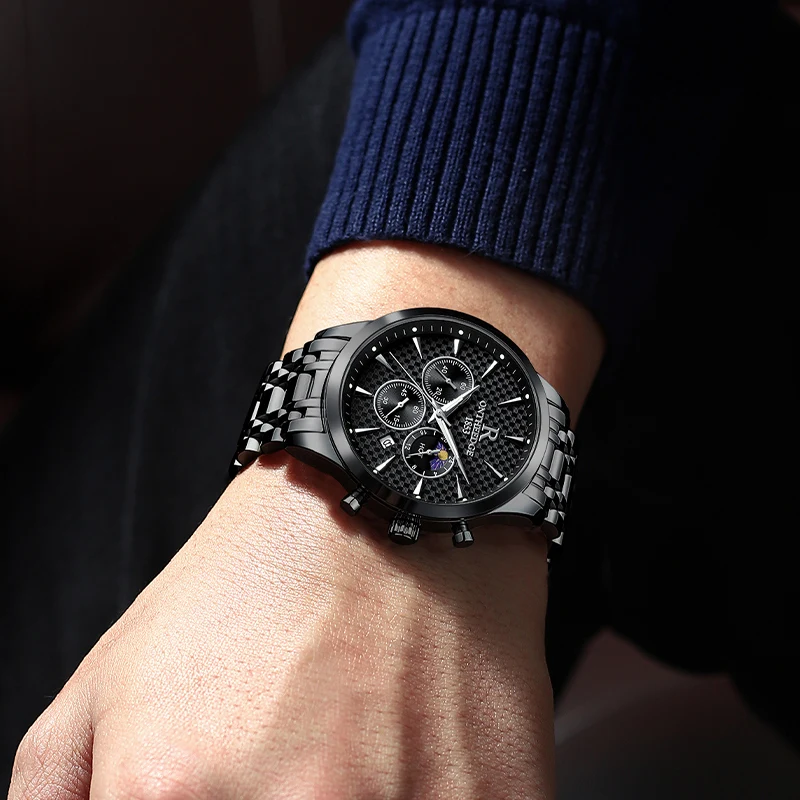 Luxury stainless steel watches for mens creative fashion luminous dial with chronograph clock male casual moon phase wristwatch