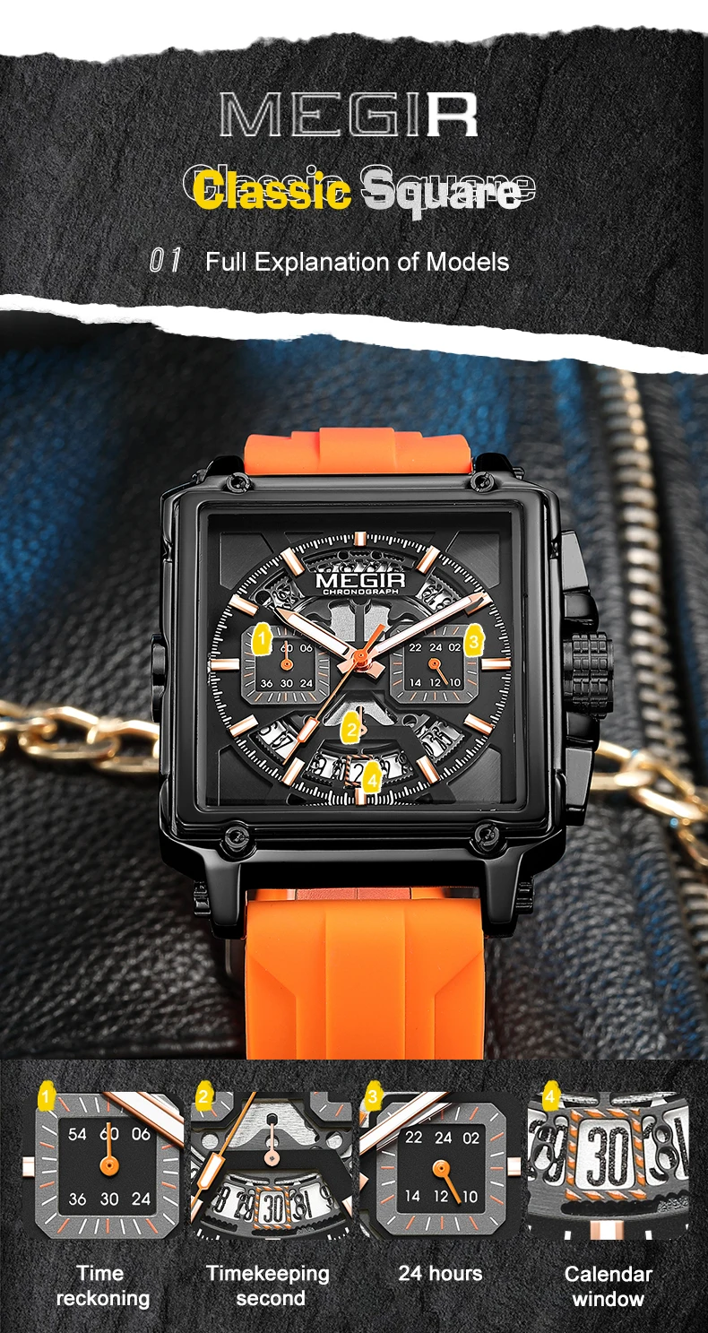 MEGIR 2233 Navy Blue Quartz Watch for Men Chronograph Waterproof Wristwatch with Silicone Strap Luminous Hands Date Square Dial