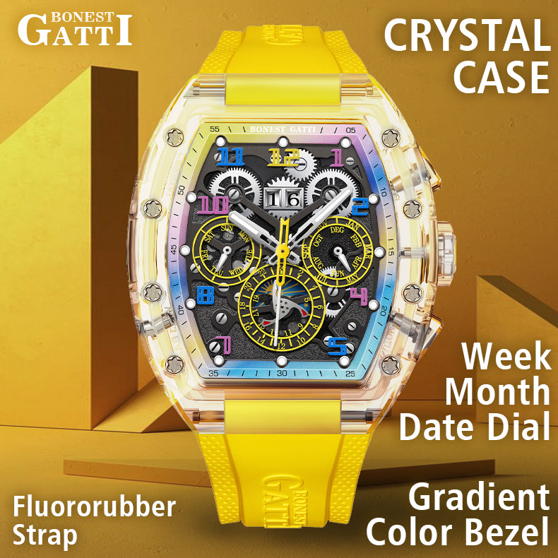 BONEST GATTI Barrel shaped Skeleton Movement K9 Crystal Case Fluororubber Strap Watch Luminous BG9920