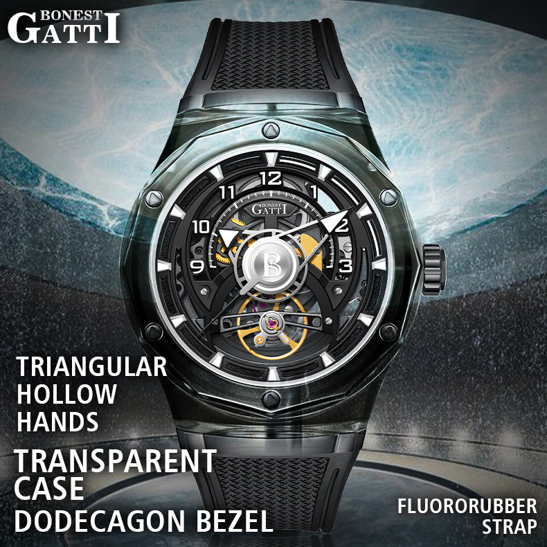 BONEST GATTI  Transparent Case Dodecagon Bezel Automatic Skeleton Movement Round Shaped Fluororubber Strap Watch BG5806