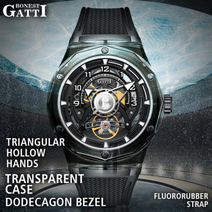 BONEST GATTI  Transparent Case Dodecagon Bezel Automatic Skeleton Movement Round Shaped Fluororubber Strap Watch BG5806