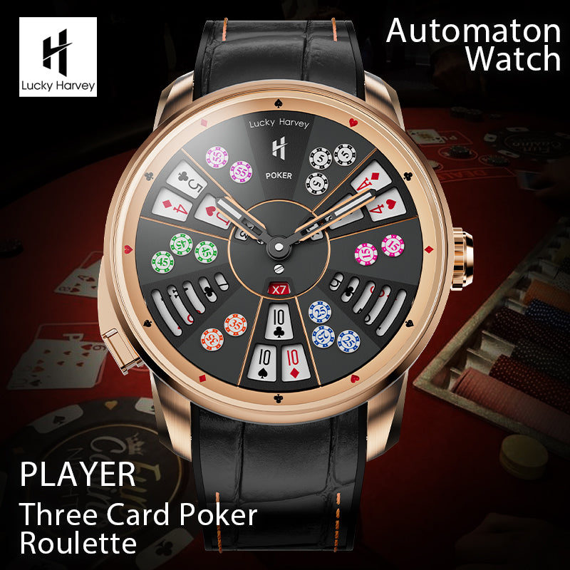 Lucky Harvey Automaton Player Series Silver Three Card Poker (SAN GONG) Roulette Automatic Watch