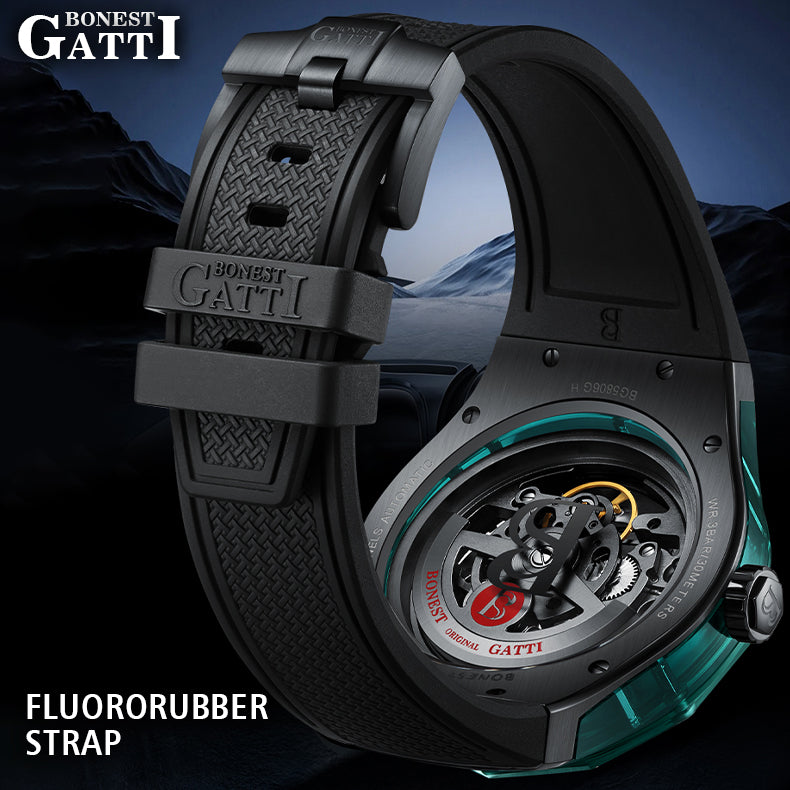 BONEST GATTI  Transparent Case Dodecagon Bezel Automatic Skeleton Movement Round Shaped Fluororubber Strap Watch BG5806
