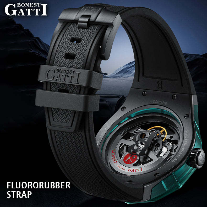 BONEST GATTI  Transparent Case Dodecagon Bezel Automatic Skeleton Movement Round Shaped Fluororubber Strap Watch BG5806