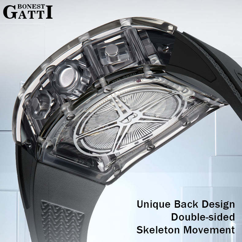 BONEST GATTI Barrel shaped Skeleton Movement K9 Crystal Case Fluororubber Strap Watch Luminous BG9920