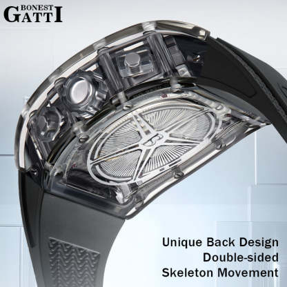 BONEST GATTI Barrel shaped Skeleton Movement K9 Crystal Case Fluororubber Strap Watch Luminous BG9920