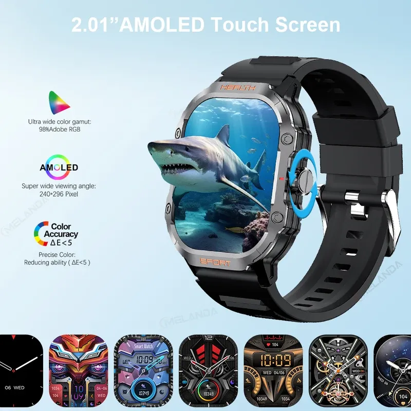 MELANDA 2.01" AMOLED Screen Bluetooth Call Smart Watch Men Outdoor Sports Tracker Health Monitor Smart Watch For Android ios