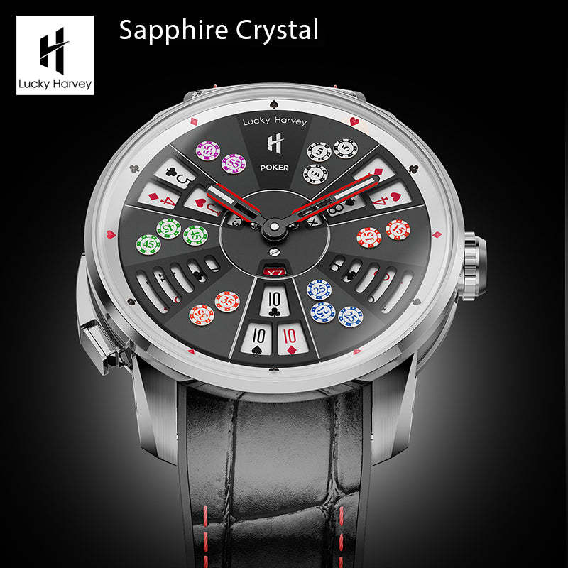 Lucky Harvey Automaton Player Series Silver Three Card Poker (SAN GONG) Roulette Automatic Watch