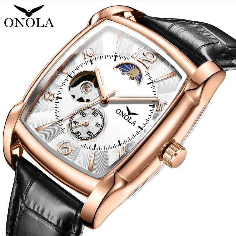 Brand ONOLA Top Luxury Fashion Men's Watches Luminous Square Mechanical Skeleton Sport Waterproof Male Automatic Watch Men