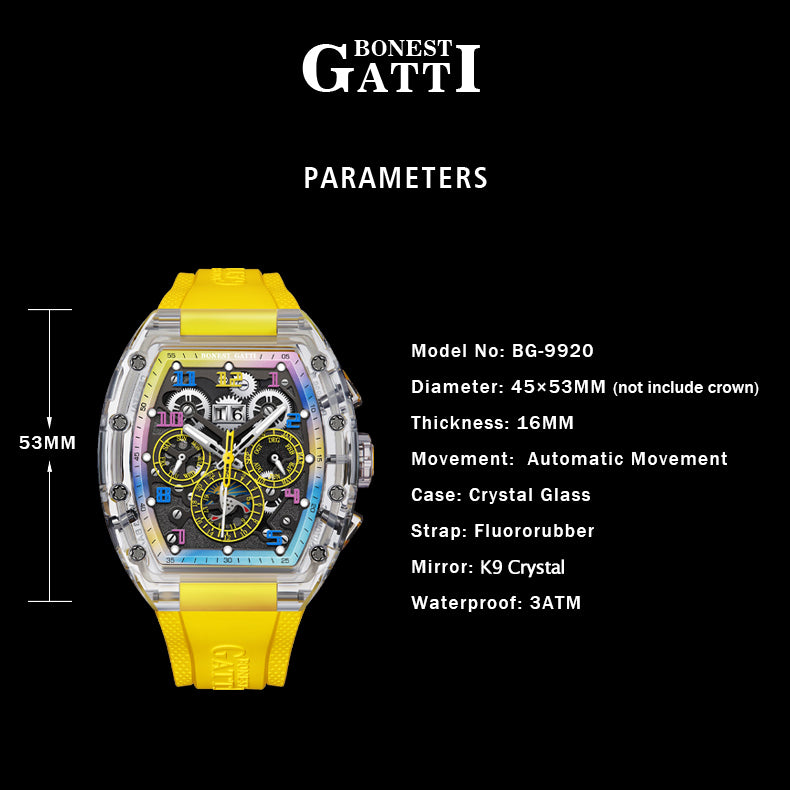 BONEST GATTI Barrel shaped Skeleton Movement K9 Crystal Case Fluororubber Strap Watch Luminous BG9920
