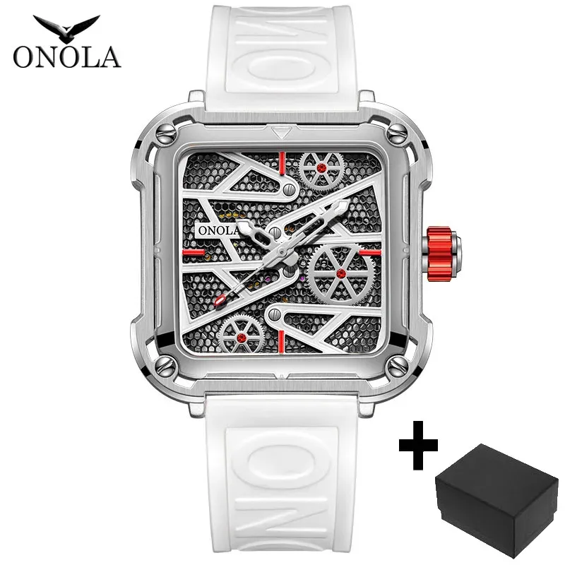 Fashion onola Mens Watch unique square mechanical wristwatch waterproof sport silicone strap automatic man wristwatches hot sale