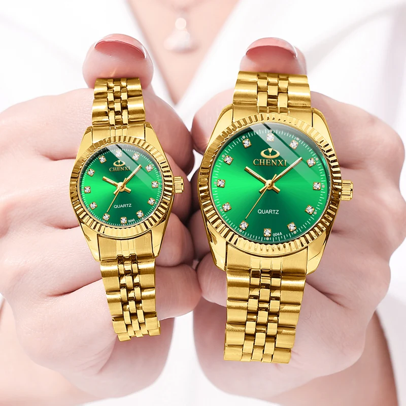 Chenxi lover watches luxury business stainless steel gold watch men classic waterproof watch for women rhinestone couple gift
