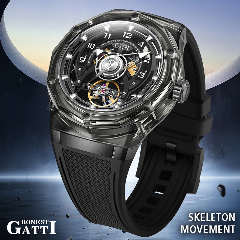 BONEST GATTI  Transparent Case Dodecagon Bezel Automatic Skeleton Movement Round Shaped Fluororubber Strap Watch BG5806