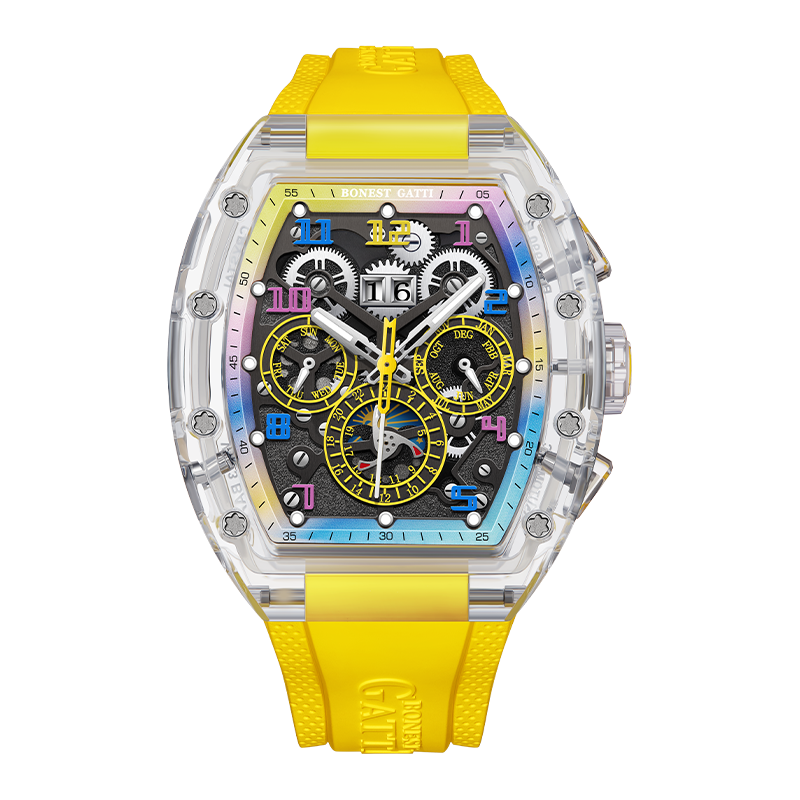 BONEST GATTI Barrel shaped Skeleton Movement K9 Crystal Case Fluororubber Strap Watch Luminous BG9920