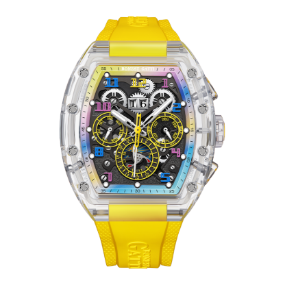 BONEST GATTI Barrel shaped Skeleton Movement K9 Crystal Case Fluororubber Strap Watch Luminous BG9920