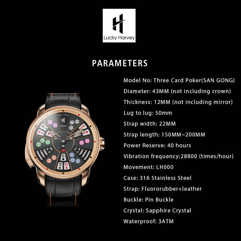 Lucky Harvey Automaton Player Series Silver Three Card Poker (SAN GONG) Roulette Automatic Watch