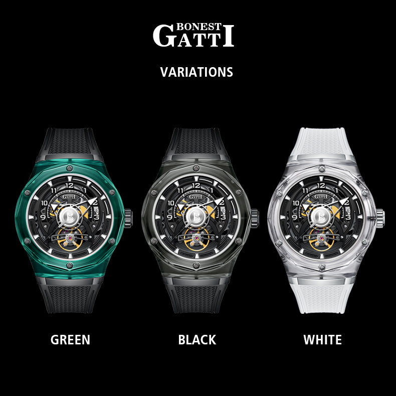 BONEST GATTI  Transparent Case Dodecagon Bezel Automatic Skeleton Movement Round Shaped Fluororubber Strap Watch BG5806