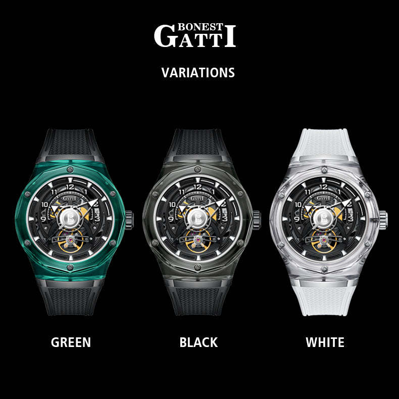 BONEST GATTI  Transparent Case Dodecagon Bezel Automatic Skeleton Movement Round Shaped Fluororubber Strap Watch BG5806