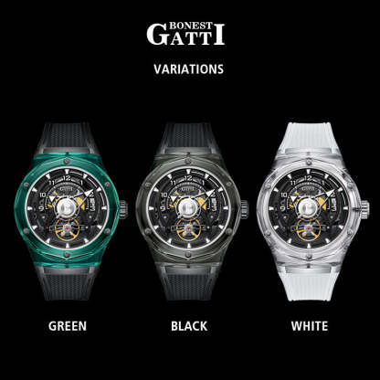 BONEST GATTI  Transparent Case Dodecagon Bezel Automatic Skeleton Movement Round Shaped Fluororubber Strap Watch BG5806