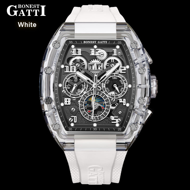 BONEST GATTI Barrel shaped Skeleton Movement K9 Crystal Case Fluororubber Strap Watch Luminous BG9920