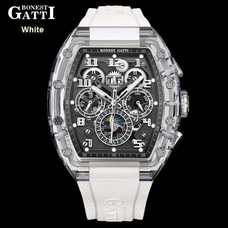 BONEST GATTI Barrel shaped Skeleton Movement K9 Crystal Case Fluororubber Strap Watch Luminous BG9920