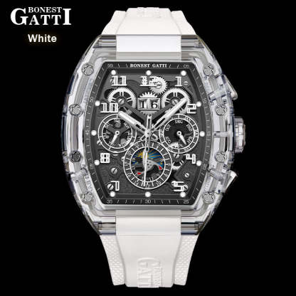 BONEST GATTI Barrel shaped Skeleton Movement K9 Crystal Case Fluororubber Strap Watch Luminous BG9920