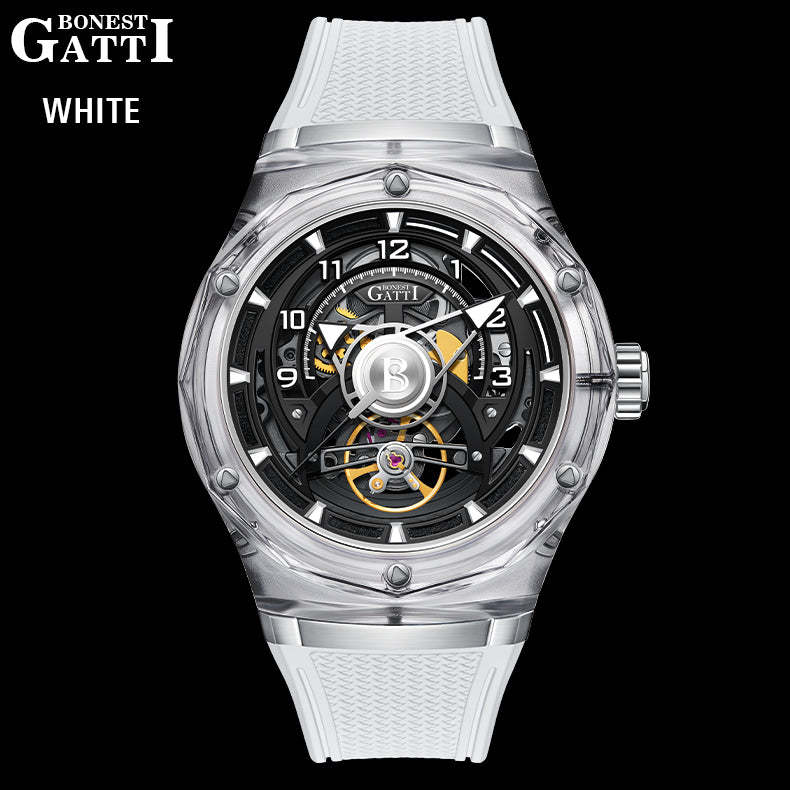 BONEST GATTI  Transparent Case Dodecagon Bezel Automatic Skeleton Movement Round Shaped Fluororubber Strap Watch BG5806