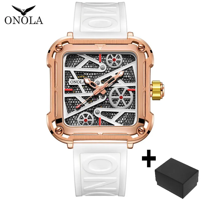 Fashion onola Mens Watch unique square mechanical wristwatch waterproof sport silicone strap automatic man wristwatches hot sale