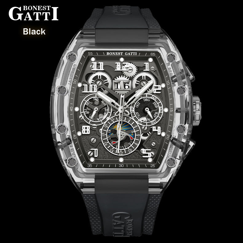 BONEST GATTI Barrel shaped Skeleton Movement K9 Crystal Case Fluororubber Strap Watch Luminous BG9920