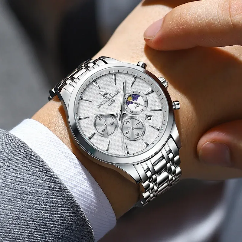 Luxury stainless steel watches for mens creative fashion luminous dial with chronograph clock male casual moon phase wristwatch