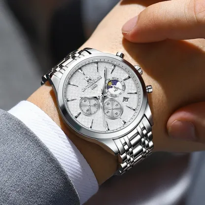 Luxury stainless steel watches for mens creative fashion luminous dial with chronograph clock male casual moon phase wristwatch