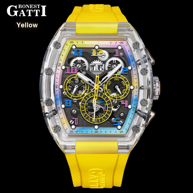 BONEST GATTI Barrel shaped Skeleton Movement K9 Crystal Case Fluororub