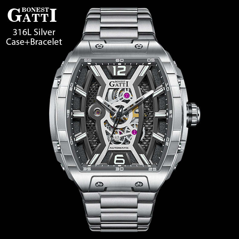 BONEST GATTI Barrel shaped Skeleton Movement Watch Luminous BG5601