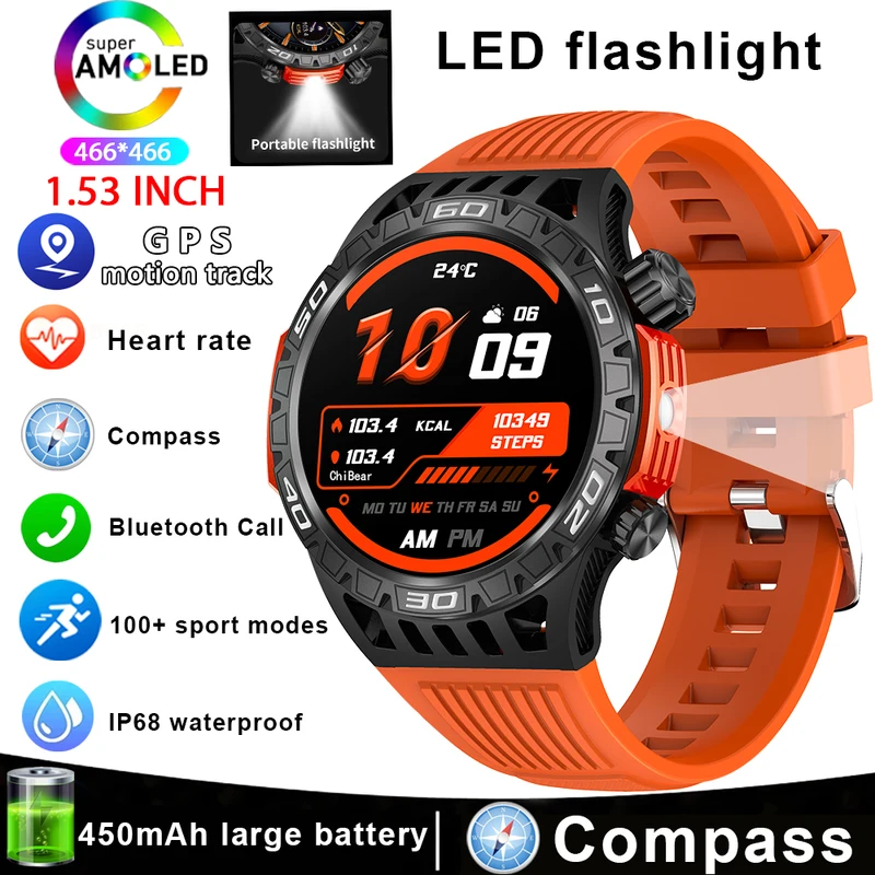 Smart watch men with LED lighting compass sports fitness tracker watch IP68 waterproof Bluetooth Talk smartwatch for Android iOS
