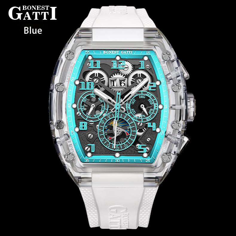 BONEST GATTI Barrel shaped Skeleton Movement K9 Crystal Case Fluororubber Strap Watch Luminous BG9920
