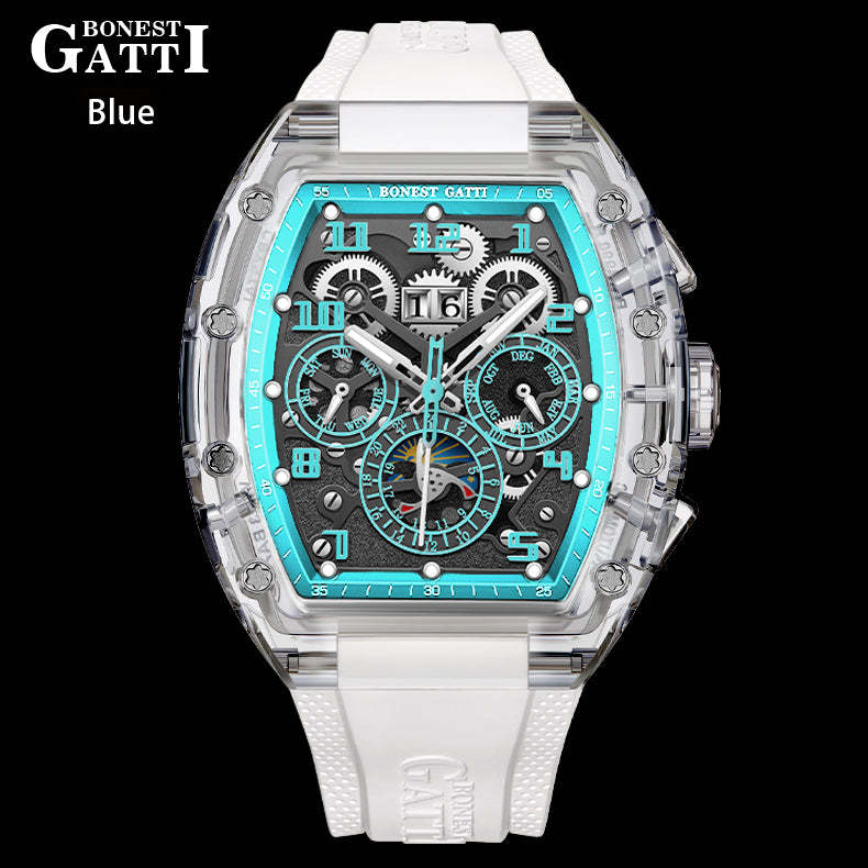 BONEST GATTI Barrel shaped Skeleton Movement K9 Crystal Case Fluororubber Strap Watch Luminous BG9920