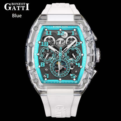 BONEST GATTI Barrel shaped Skeleton Movement K9 Crystal Case Fluororubber Strap Watch Luminous BG9920