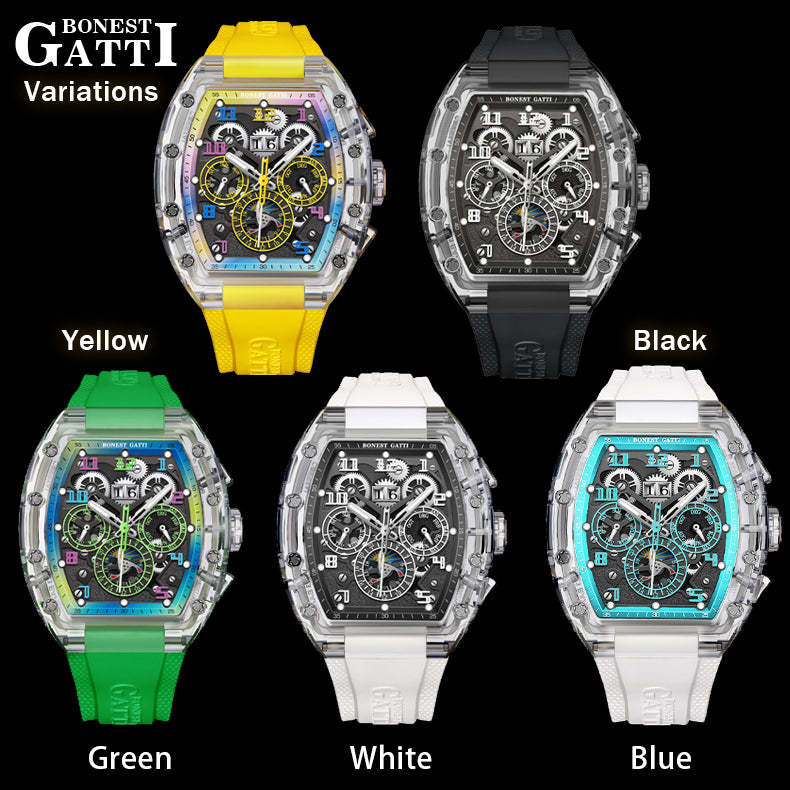 BONEST GATTI Barrel shaped Skeleton Movement K9 Crystal Case Fluororubber Strap Watch Luminous BG9920