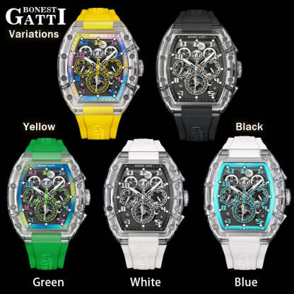 BONEST GATTI Barrel shaped Skeleton Movement K9 Crystal Case Fluororubber Strap Watch Luminous BG9920