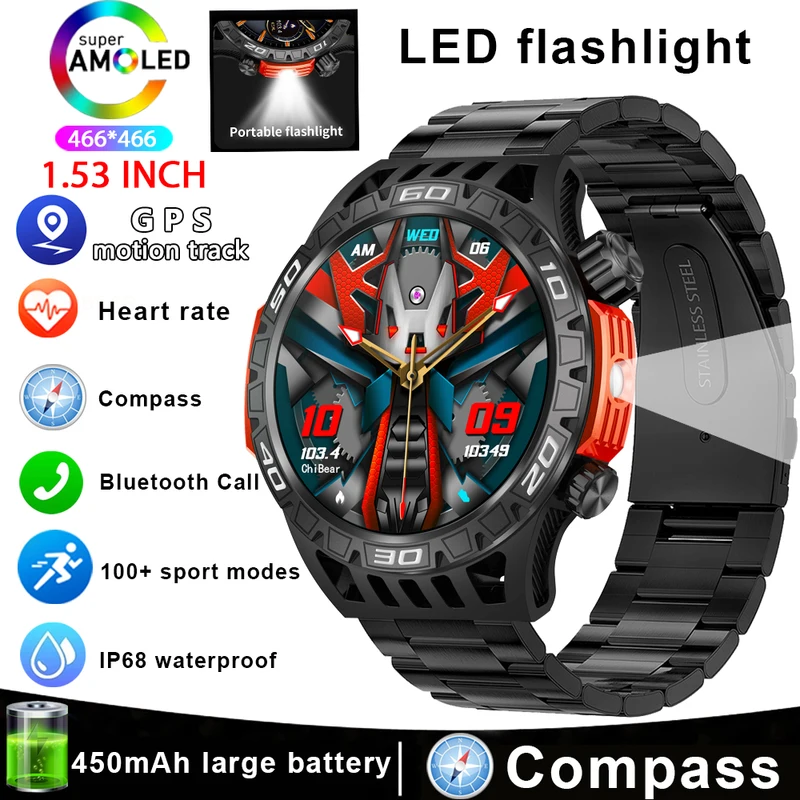 Smart watch men with LED lighting compass sports fitness tracker watch IP68 waterproof Bluetooth Talk smartwatch for Android iOS