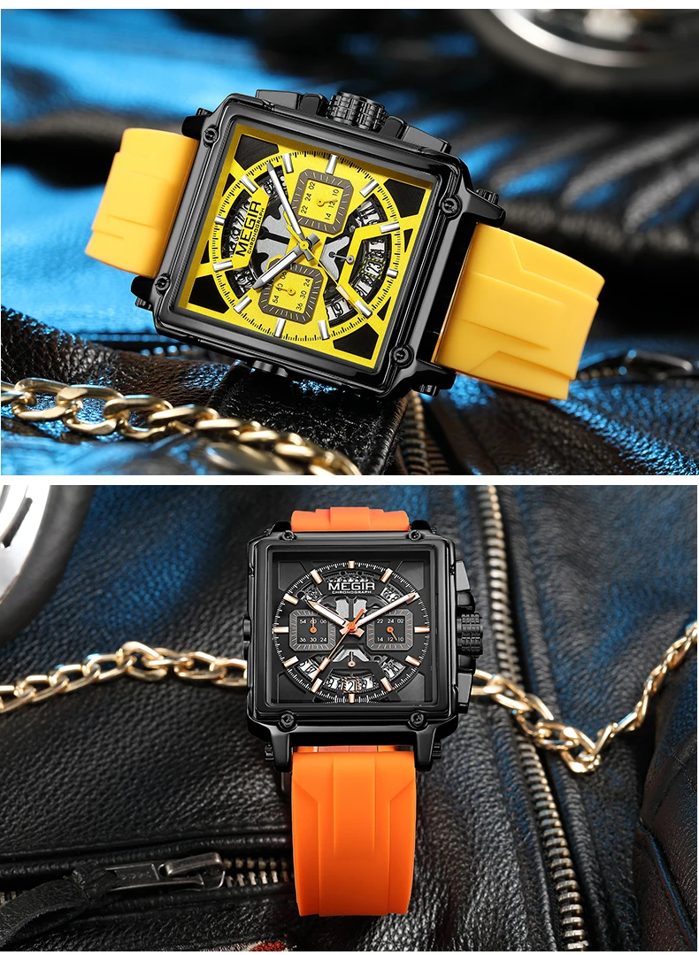 MEGIR 2233 Navy Blue Quartz Watch for Men Chronograph Waterproof Wristwatch with Silicone Strap Luminous Hands Date Square Dial