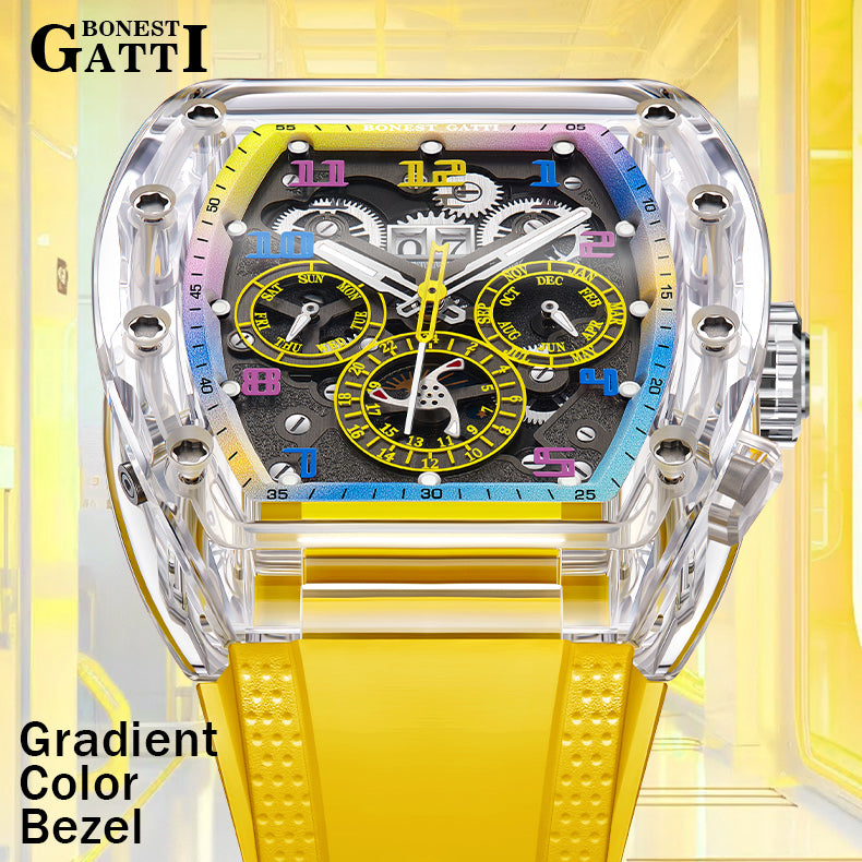 BONEST GATTI Barrel shaped Skeleton Movement K9 Crystal Case Fluororubber Strap Watch Luminous BG9920