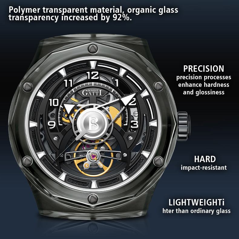 BONEST GATTI  Transparent Case Dodecagon Bezel Automatic Skeleton Movement Round Shaped Fluororubber Strap Watch BG5806