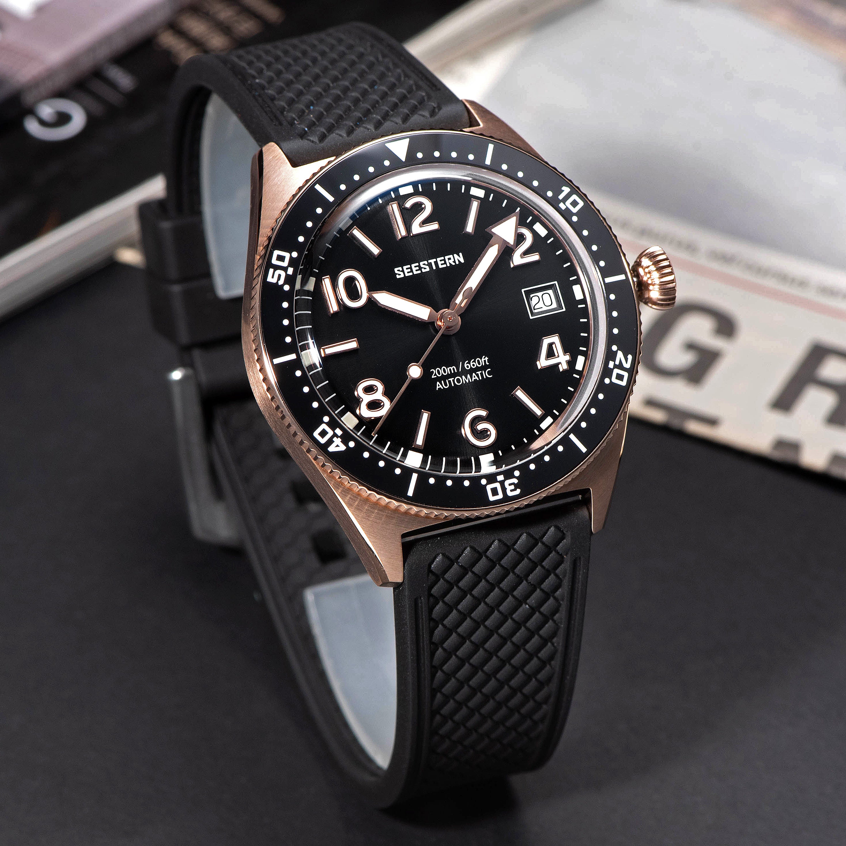 Seestern S435 Professional Diver Rose Gold Rubber Band (Seagull ST2130 movement)-TIME.SHOP